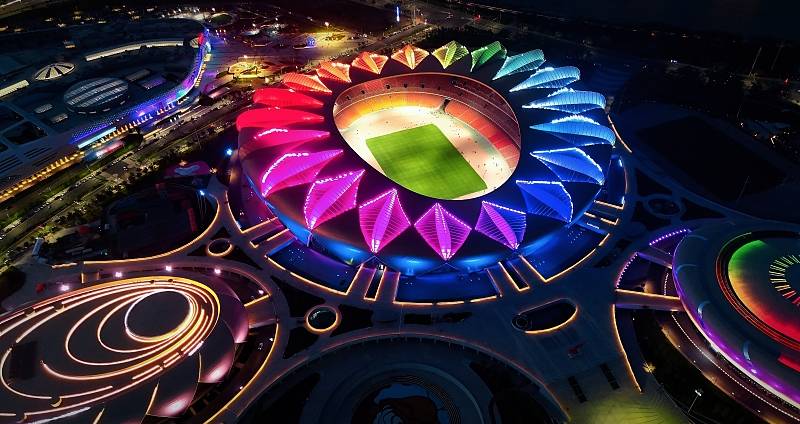 Lanzhou Olympic Sports Center shines brightly at night