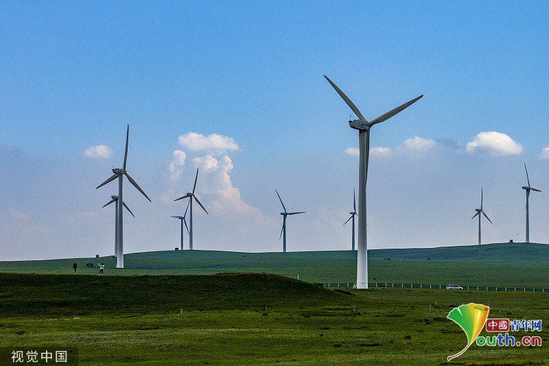 Huitengxile Grassland appeared green and lush with wind turbines towering high
